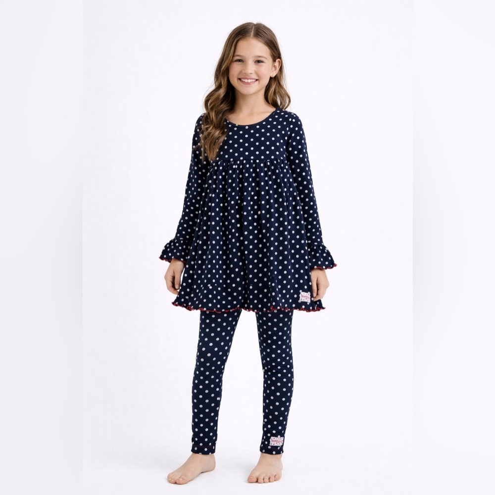 Ruffle Girl Navy Polka Dot Dress & Leggings Set Girls 12–14